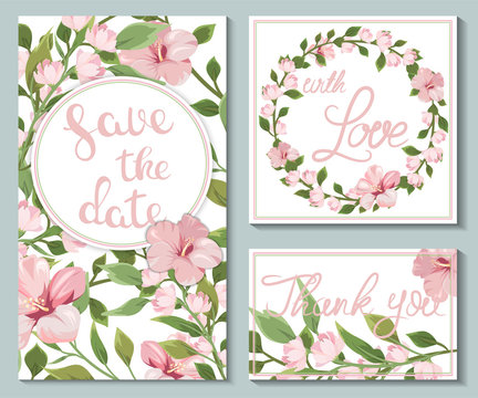 Template for wedding invitations and greeting cards with tender pink flowers