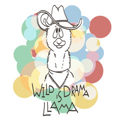 Cute card with cartoon llama. Motivational and inspirational quote. Doodling illustration