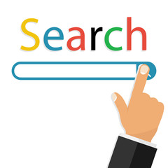 Modern technology of information retrieval. The concept of search. The finger clicks on the search bar with a magnifying glass.