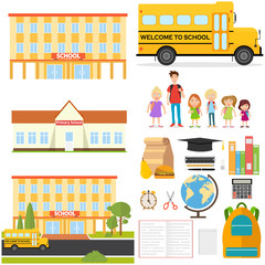 School, school supplies, pupils, school bus.