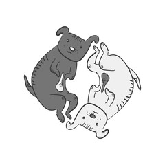 Cute funny cartoon yin and yan dogs symbol. Black and white sketchy hand drawn thoughtful and tired dogs lying in circle. Feng shui symbol, 2018 chinese new year sign
