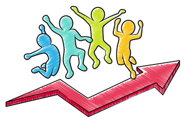 Zeichnung: Geschäftsleute beim Freudensprung mit rotem Pfeil nach oben © snyGGG