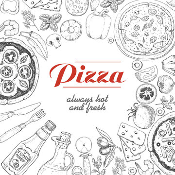 Vector background with pizza and various products
