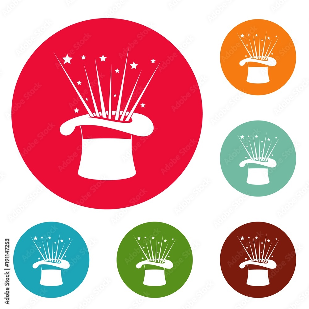 Poster hat and firework icons circle set vector isolated on white background