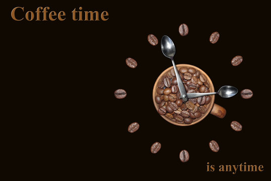 Fototapeta Clock with coffee beans. " Coffee time is anytime. " Black background.