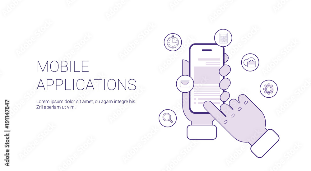 Poster mobile applications business concept template web banner with copy space vector illustration