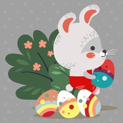 Easter baby bunny in overalls holding big decorated egg, isolated whire rabbit with ears hunting eggs sitting under a green bush vector illustration card