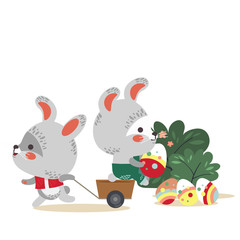 Easter bunny pulls a cart with cute white rabbit holding decorated eggs, happy holiday hunter vector greeting card, spring hare isolated illustration