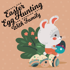 Easter baby bunny in overalls holding big decorated egg, isolated whire rabbit with ears hunting eggs sitting under a green bush vector illustration card