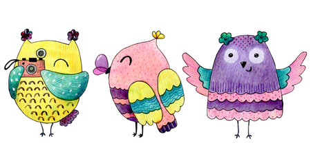 Obraz premium Watercolor funny illustration with owls. Hand drawn bird drawing.