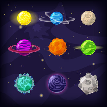 Set of fantastic planets on cosmic background, cartoon style, isolated, vector, illustration