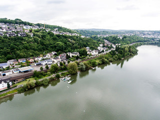 Aerial view of surroundings and village of Vallendar in Germany on a sunny summer day with blue sky