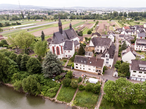 Aerial View Of small village church Landmark in vallendar niederwerth near Koblenz Andernach Germany
