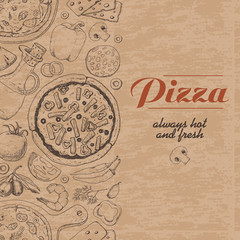 Vertical background with pizza and various products