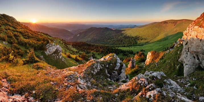 Beautiful autumn morning above green forest valley in national park Fatra, Slovakia landscape