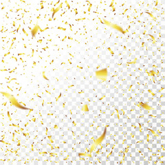 Vector illustration defocused gold confetti isolated on a transparent background. Christmas, birthday, valentines day design element. Holiday background.