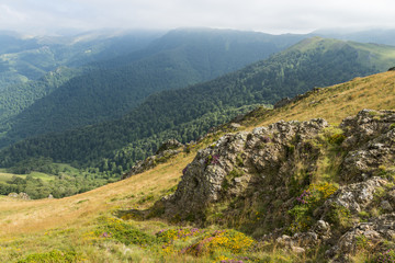 Fototapeta na wymiar Promenade au col de Bagargui lprès des Chalets d’Iraty, dans les estives des Pyrénées.