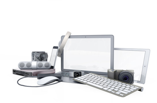 collection of consumer electronics 3D render on white background no shadow