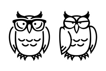 Funny owls, hand drawn vector illustration in comic style, isolated on white.