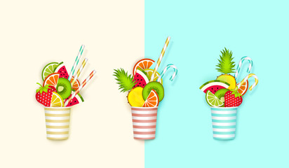 Cocktail of fruit falling in a glass, 3d, Pastel. Creative abstract background with place for advertising text, paper cut. Minimalist summer food concept. Vector illustration