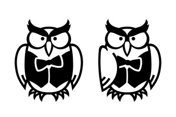 Funny owls, hand drawn vector illustration in comic style, isolated on white.