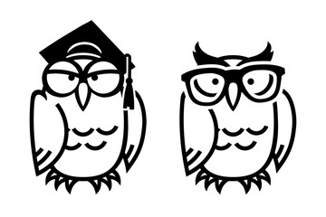 Funny owls, hand drawn vector illustration in comic style, isolated on white.