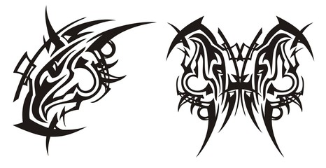 Tribal peaked eagle head symbol and butterfly from it. Stylization of an abstract black eagle symbol and the butterfly created on the basis of him on a white background