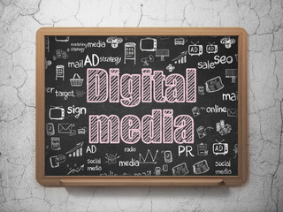 Marketing concept: Chalk Pink text Digital Media on School board background with  Hand Drawn Marketing Icons, 3D Rendering