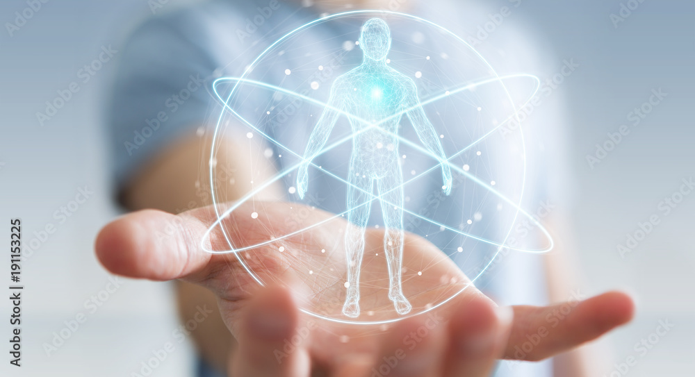 Poster Businessman using digital x-ray human body scan interface 3D rendering