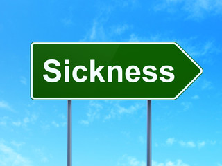 Health concept: Sickness on green road highway sign, clear blue sky background, 3D rendering