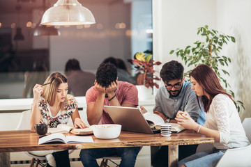 Group of students study at home. Learning and preparing for university exam.