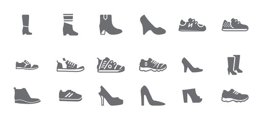 Variety of shoes and woman shoes isolated flat vector icon set