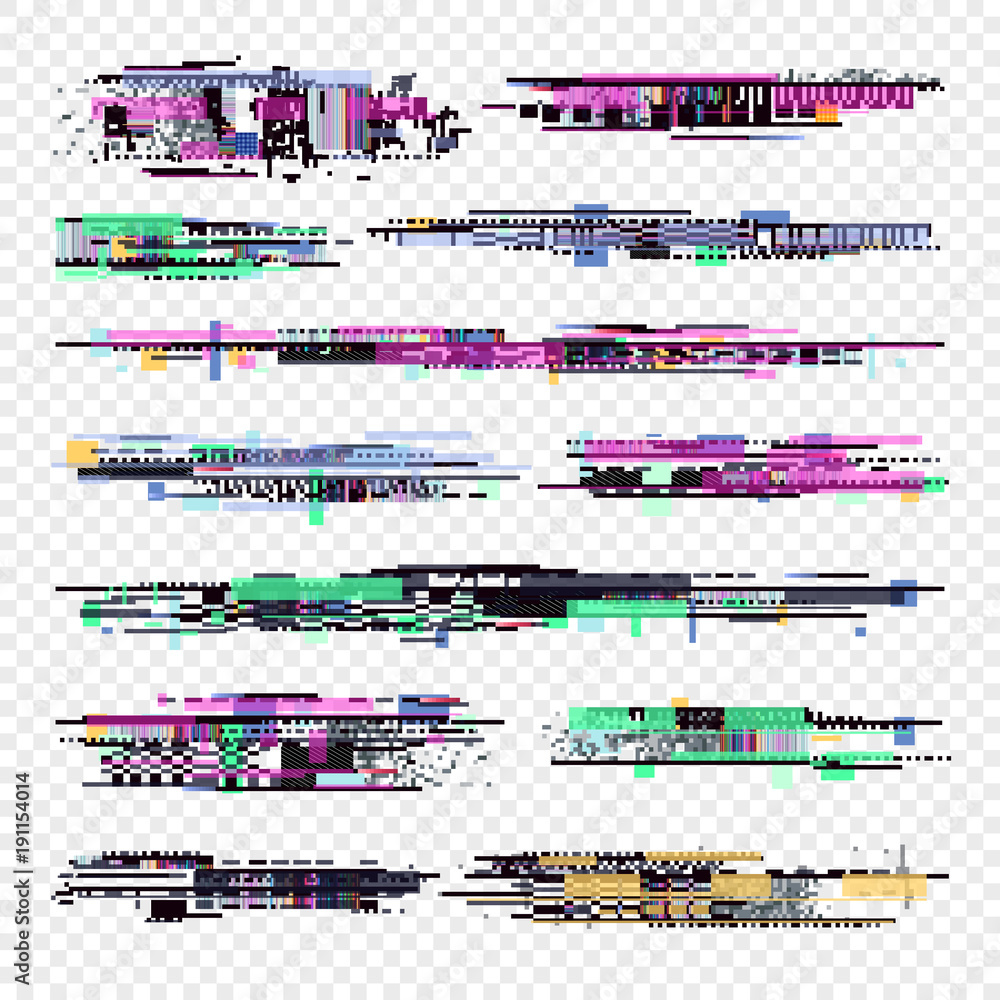 Poster decay signal glitch vector elements isolated. grunge monitor glitched noise. tv screen problems set