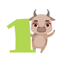 Funny cute cow animal and number one, birthday anniversary, learn to count concept cartoon vector Illustration