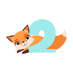 Funny cute fox animal and number two, birthday anniversary, learn to count concept cartoon vector Illustration
