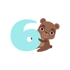 Funny cute brown bear animal and number six, birthday anniversary, learn to count concept cartoon vector Illustration