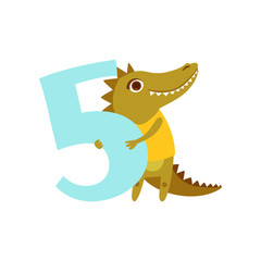 Funny cute croc animal and number five, birthday anniversary, learn to count concept cartoon vector Illustration