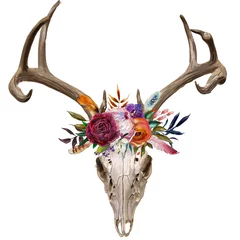 Wall murals Aquarel Skull deer skull with floral wreath