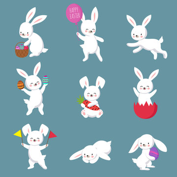Easter cute happy bunny rabbit vector characters set