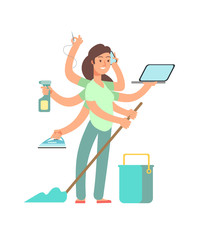 Super mom vector concept. Stressed mother in business and housework activities