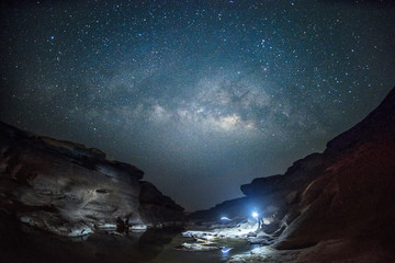 Obraz na płótnie Canvas Milkyway and stars over Grand Canyon of Thailand also called as 3000 holes located in Ubon Ratchathani