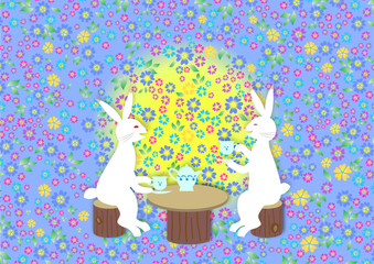 鳥獣戯画っぽいウサギが色とりどりの花に囲まれて楽しく紅茶を飲む