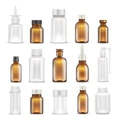 Medicine glass and plastic blank bottles isolated vector set