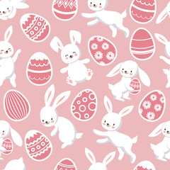 Happy Easter vector seamless patten with cute cartoon bunny rabbits