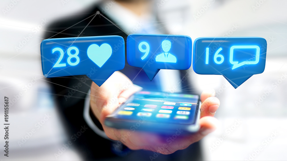 Poster businessman using a smartphone with a like, follower and message notification on social network - 3d