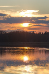 fiery sunset over the tops of pine forest