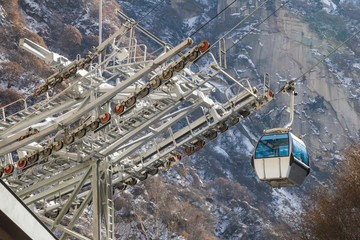 Ropeway in the mountains are covered with snow in winter
