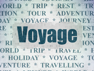 Travel concept: Painted blue text Voyage on Digital Data Paper background with   Tag Cloud