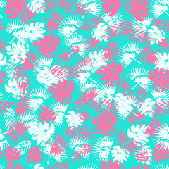 Fototapeta na wymiar Abstract seamless tropical pattern for girl and boy. Creative vector tropical pattern, colorful wallpaper with branches ferns, tropical plants. Print summer exotic jungle plant, palm pattern leaves.