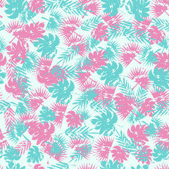 Abstract seamless tropical pattern for girl and boy. Creative vector tropical pattern, colorful wallpaper with branches ferns, tropical plants. Print summer exotic jungle plant, palm pattern leaves.